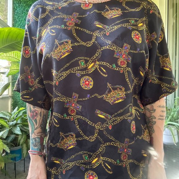 1980S Slouchy Funky Baroque Chain Multicolor Graphic Print Top Blouse Short Slee - Picture 4 of 4